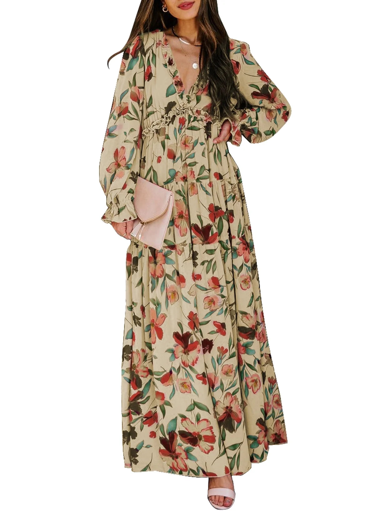 Women's Apricot Floral Maxi Dress